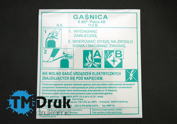 Etykieta na gaśnice GWP-6X AB - druk sitodrukiem w jednym kolorze